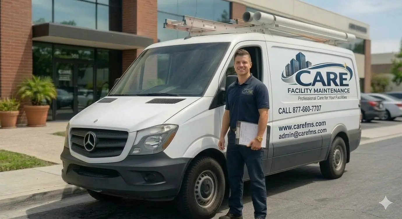 Smiling CARE Facility Maintenance technician holding a clipboard beside a white CARE-branded service van outside a commercial building