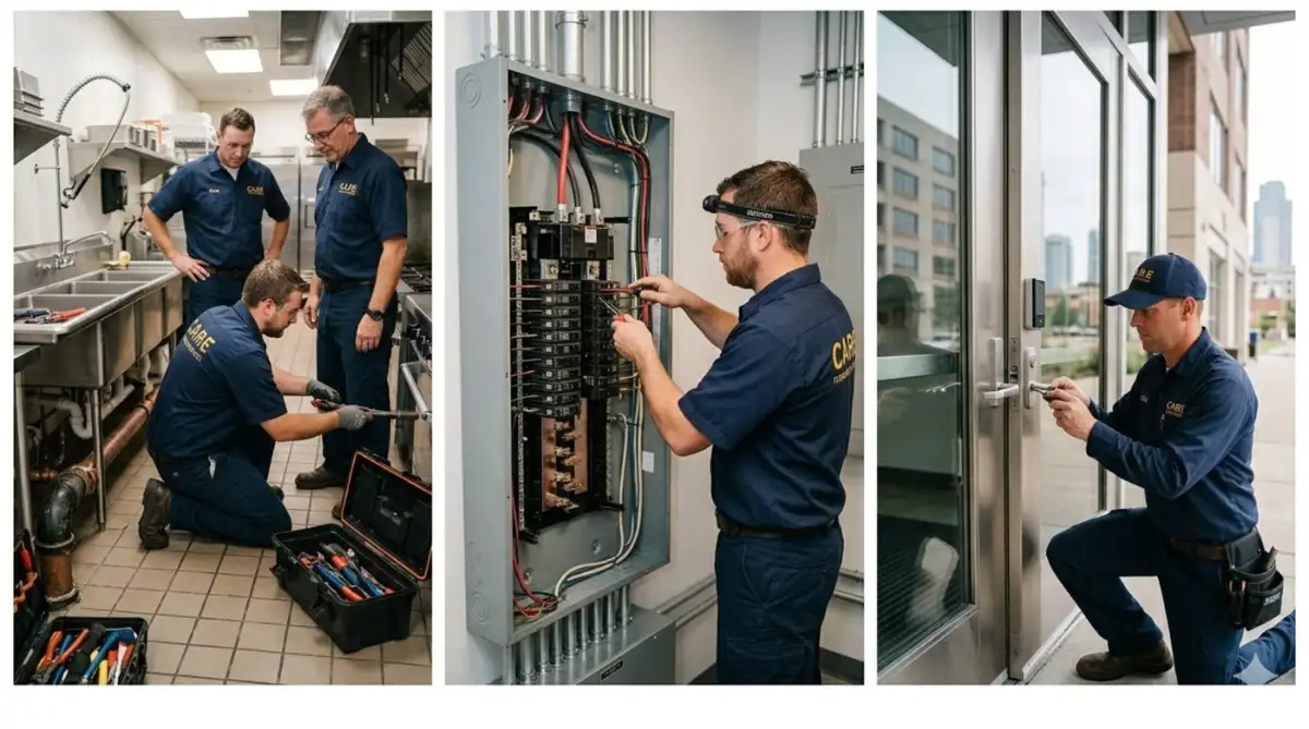 CARE Facility Maintenance technicians performing plumbing, electrical panel and door hardware service