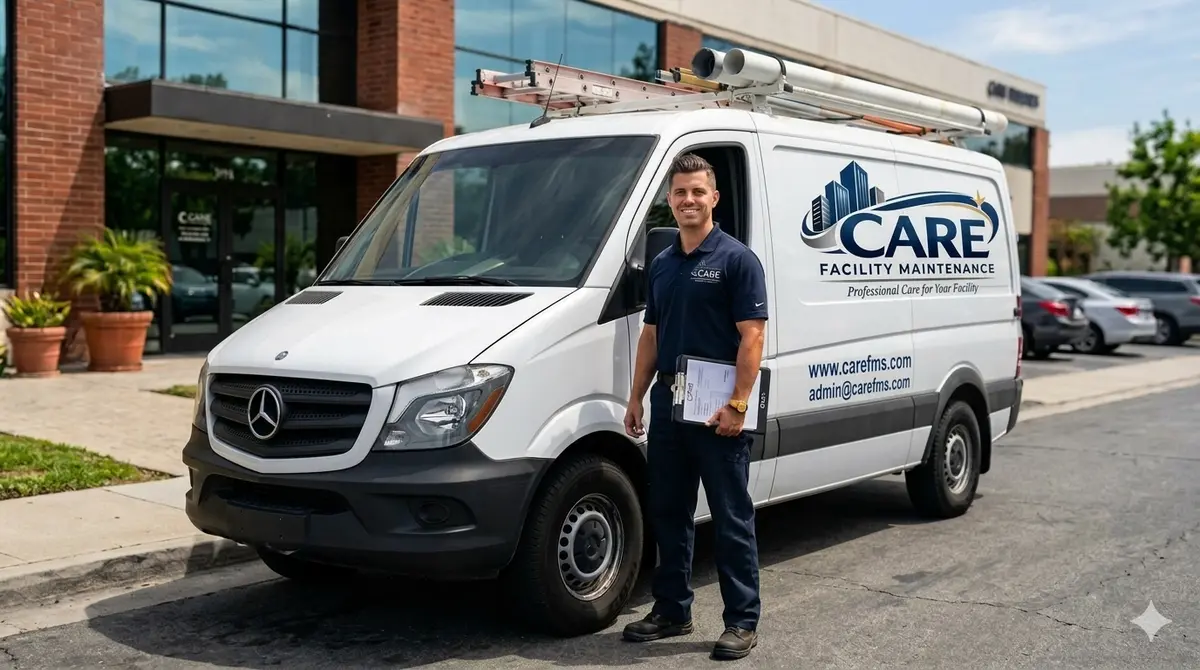 CARE Facility Maintenance technician beside a branded service van outside a commercial building